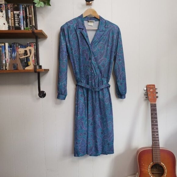 Vintage 70s 80s Secretary Office Midi Dress Blue Paisley Career Boho MCM… - Picture 1 of 13